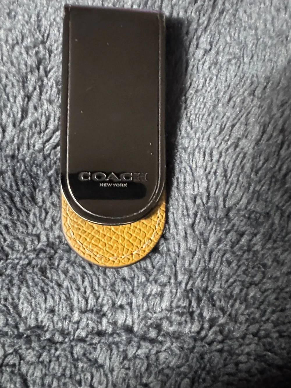 Coach Black Metal Money Clip with Tan Leather Accent